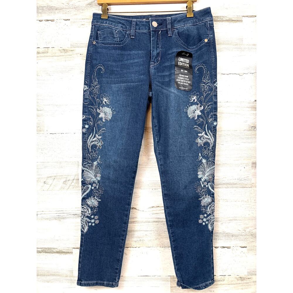 Seven7 Womens 12 Blue Denim White Embroidered Boho Ankle Jeans NWT
